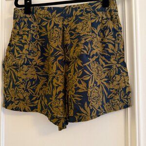 Madewell: Navy Blue + Chartreuse Printed Linen Shorts, Size: Medium